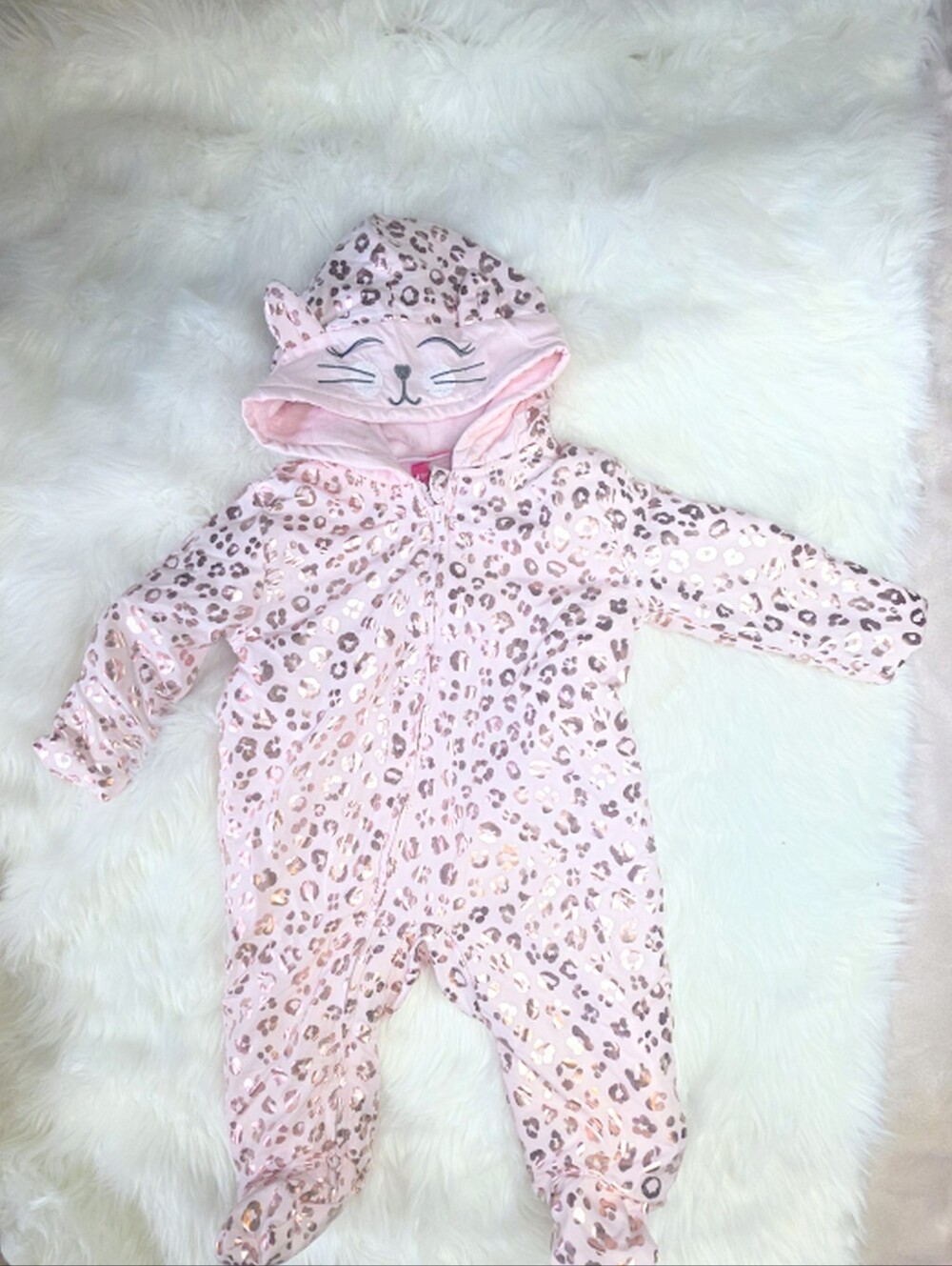 Penelope Mack Baby Girl Pink Leopard Hooded Snowsuit 6-9M Cat Ears.  NEVER WORN.
